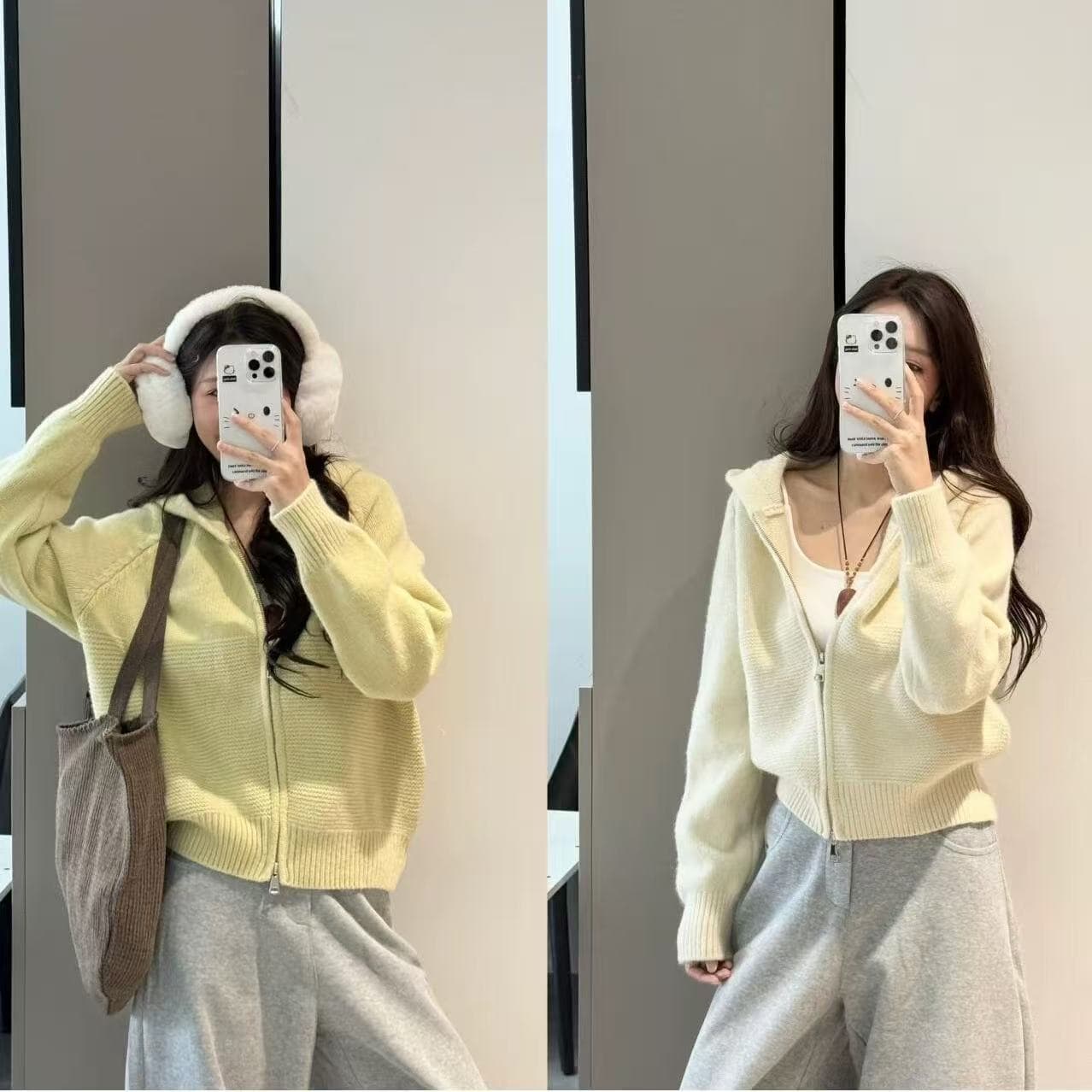 빅 사이즈 지방 mm 가을 겨울 한 부서 캐주얼 후드 지퍼 니트 오픈 가디건 여성 의류 회색 루즈핏 슬림해 보이는 스웨터 코트 상세 이미지 5