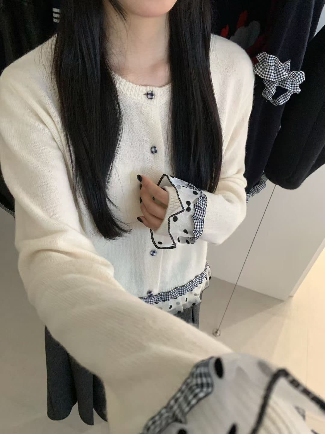 한 부서 달콤함 레이스 패치워크 색상 스웨터 여자 니트 스웨터 오픈 가디건 가을 겨울 루즈핏 느긋한 바람 품격 쇼트 스타일 맨위 상세 이미지 5