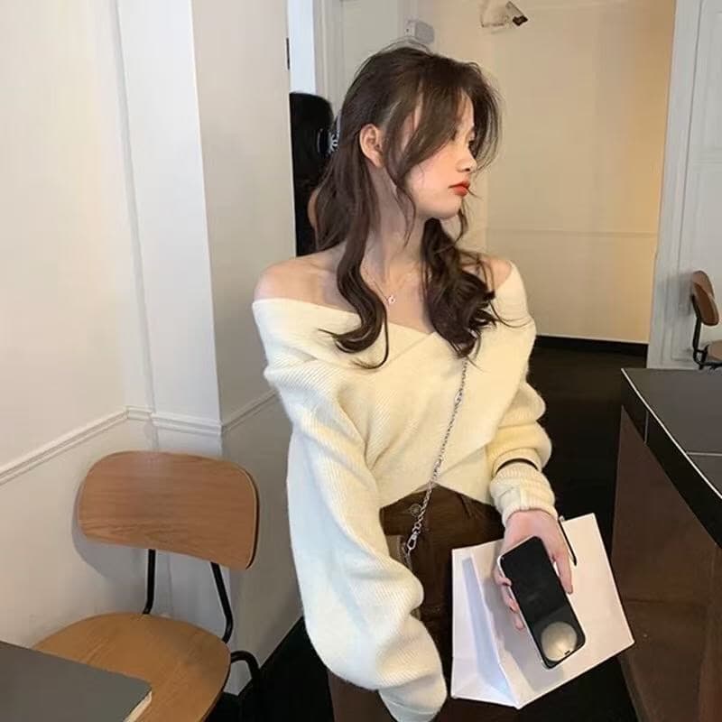한국 chic 가을 겨울 새로운 십자가 디자인 센스 느긋한 바람 니트 풀오버 스웨터 여자 V넥 슬림해 보이는 스웨터 이미지 4
