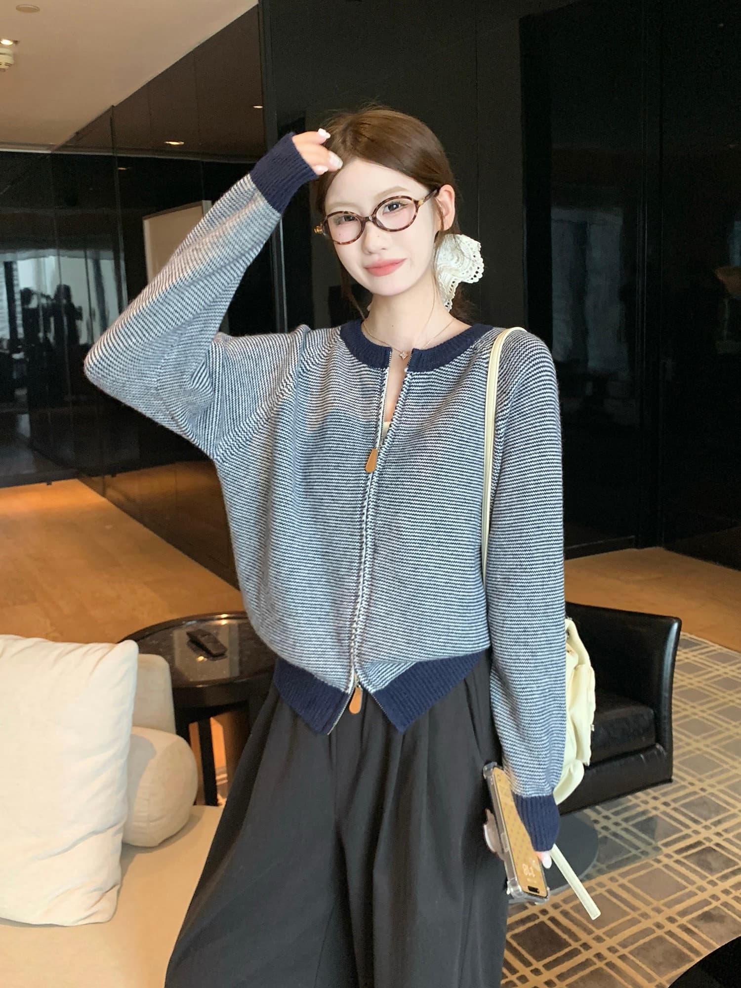 한 부서 배색 파란색 스트라이프 지퍼 스웨터 여성 코트 가을 겨울 느긋한 바람 루즈핏 캐주얼 니트 오픈 가디건 맨위 상세 이미지 23