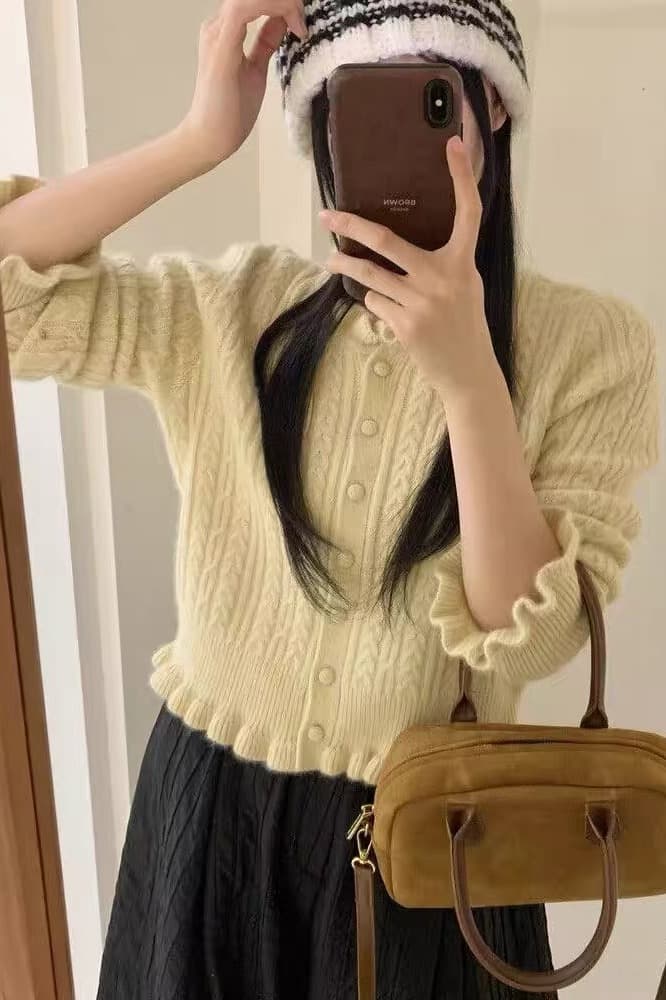 한국 스타일 봄 가을 새로운 레이스 꽈배기 라운드 넥 스웨터 여자 부드러운 찹쌀 작은 대중 슬림해 보이는 다용도 외출용 니트 오픈 가디건 이미지 3