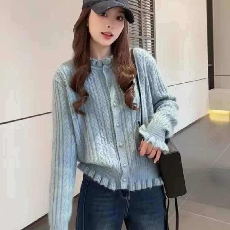 한국 스타일 봄 가을 새로운 레이스 꽈배기 라운드 넥 스웨터 여자 부드러운 찹쌀 작은 대중 슬림해 보이는 다용도 외출용 니트 오픈 가디건