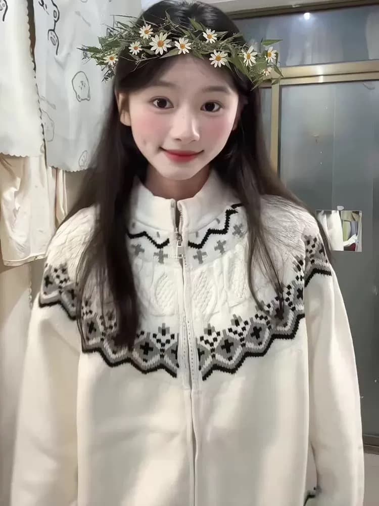 공정한 섬 자카드 지퍼 스웨터 카디건 코트 남녀 민족 스타일 착용 가져 가라. 스탠드 칼라 니트 스웨터 맨위