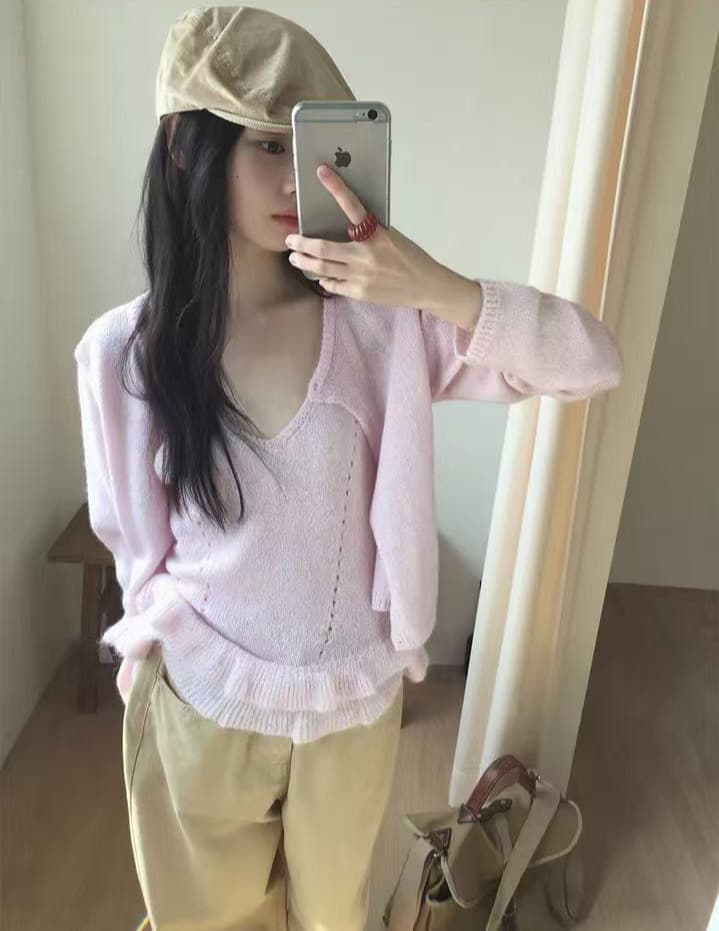 한국 가을 연령 감소 인사이드 가져 가라. 프릴 슬립 긴팔 니트 스웨터 스웨터 투피스 세트 모헤어 상세 이미지 5