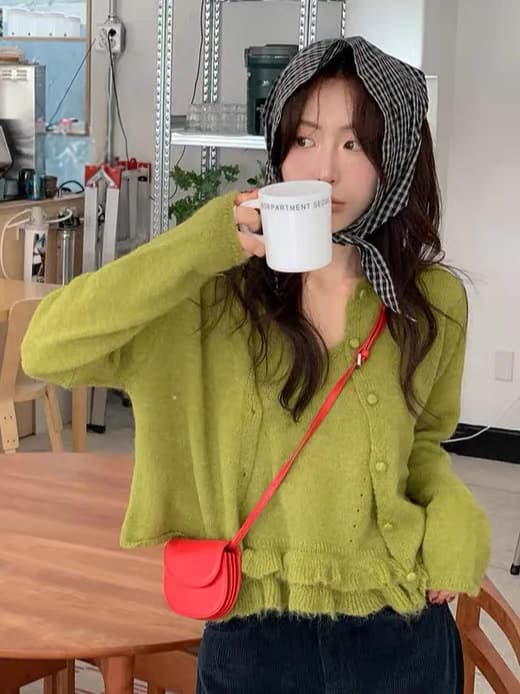 한국 가을 연령 감소 인사이드 가져 가라. 프릴 슬립 긴팔 니트 스웨터 스웨터 투피스 세트 모헤어 상세 이미지 9