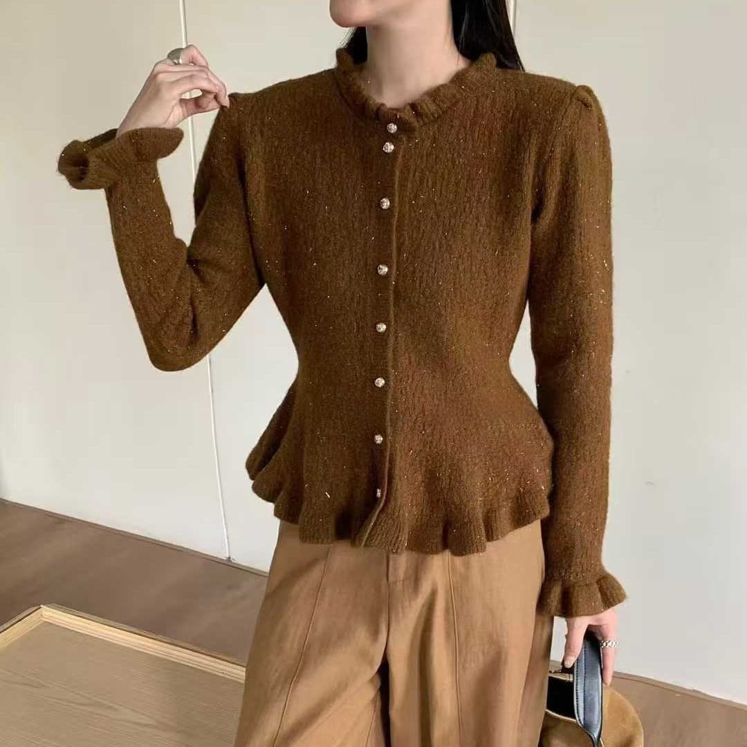 2026 한 부서 가을 겨울철 새로운 Chic 디자인 센스 작은 샤넬 스타일 라운드 넥 허리 수축 인어 꼬리 플러스 광택 실 니트 오픈 가디건 이미지 4