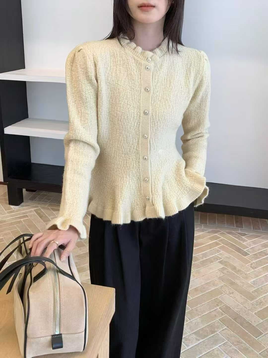 2026 한 부서 가을 겨울철 새로운 Chic 디자인 센스 작은 샤넬 스타일 라운드 넥 허리 수축 인어 꼬리 플러스 광택 실 니트 오픈 가디건 상세 이미지 4
