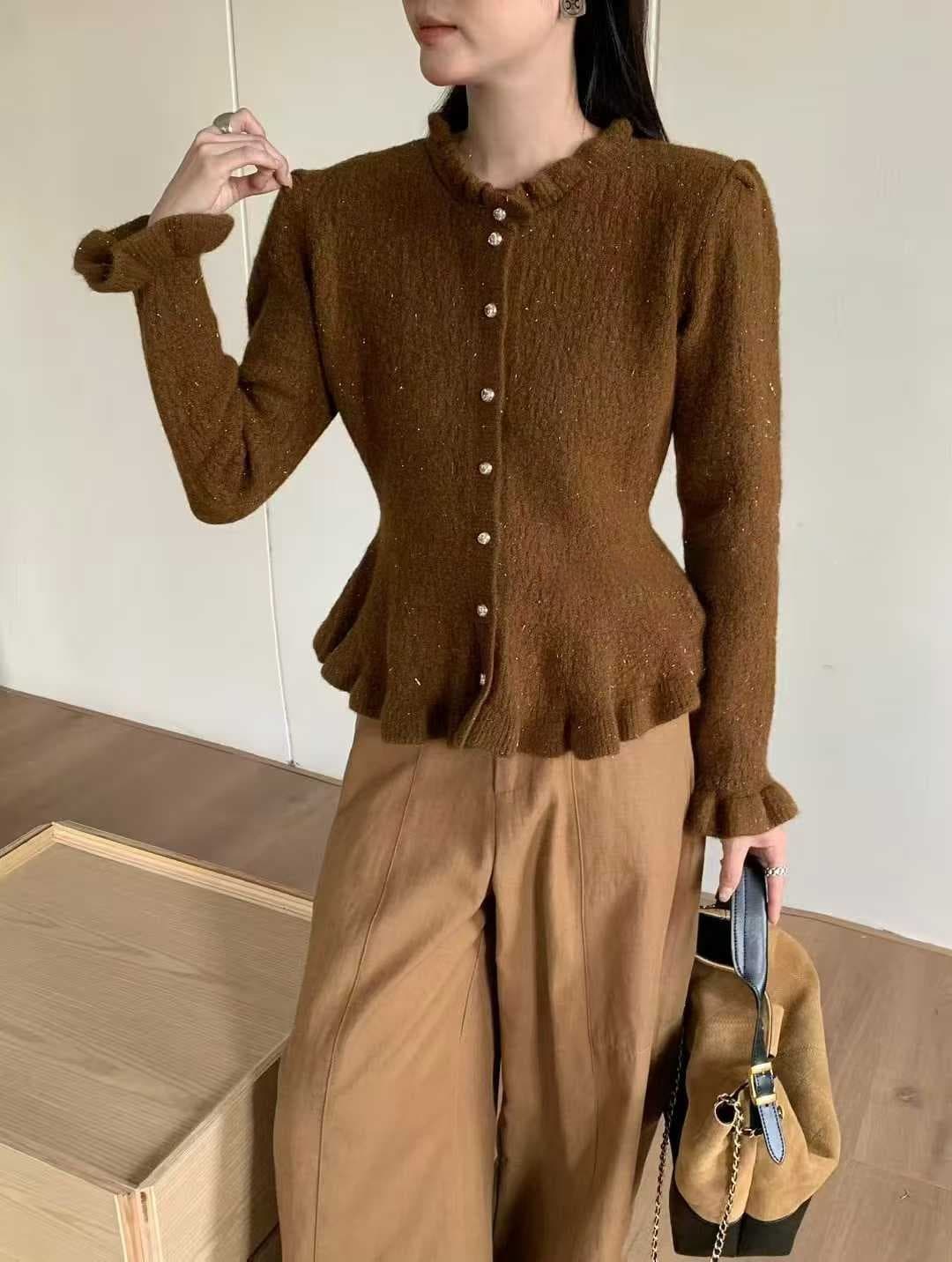 2026 한 부서 가을 겨울철 새로운 Chic 디자인 센스 작은 샤넬 스타일 라운드 넥 허리 수축 인어 꼬리 플러스 광택 실 니트 오픈 가디건 상세 이미지 5