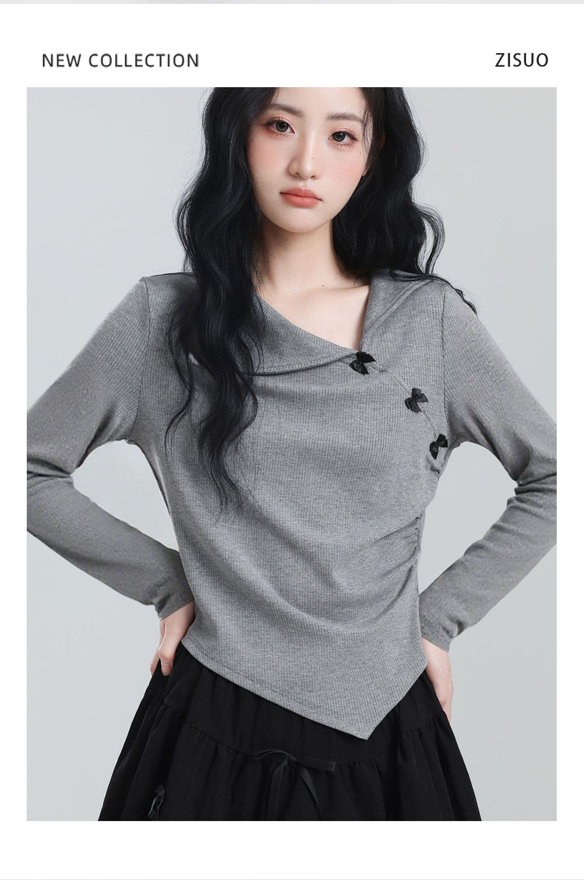 불규칙 회색 긴팔 티셔츠 여성 봄 가을 새로운 비스듬한 칼라 나비 매듭 디자인 센스 맨위 상세 이미지 4