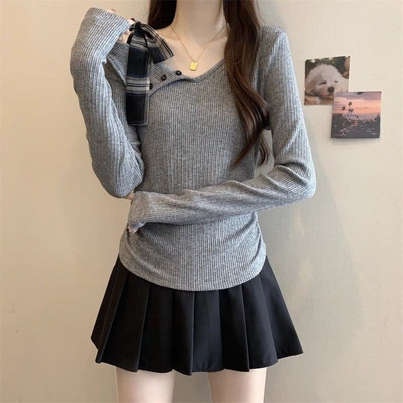 순수한 욕망 품격 나비 매듭 스트랩 디자인 센스 긴팔 티셔츠 몸매 가꾸기 슬림해 보이는 핫걸 오프숄더 맨위 여성 기본 셔츠 상세 이미지 9
