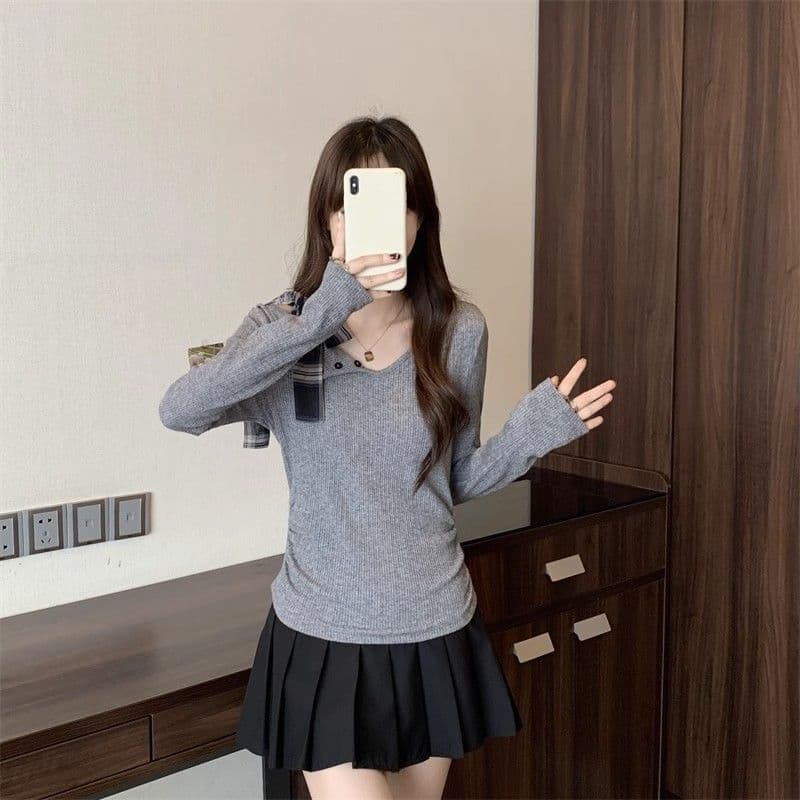 순수한 욕망 품격 나비 매듭 스트랩 디자인 센스 긴팔 티셔츠 몸매 가꾸기 슬림해 보이는 핫걸 오프숄더 맨위 여성 기본 셔츠 상세 이미지 10