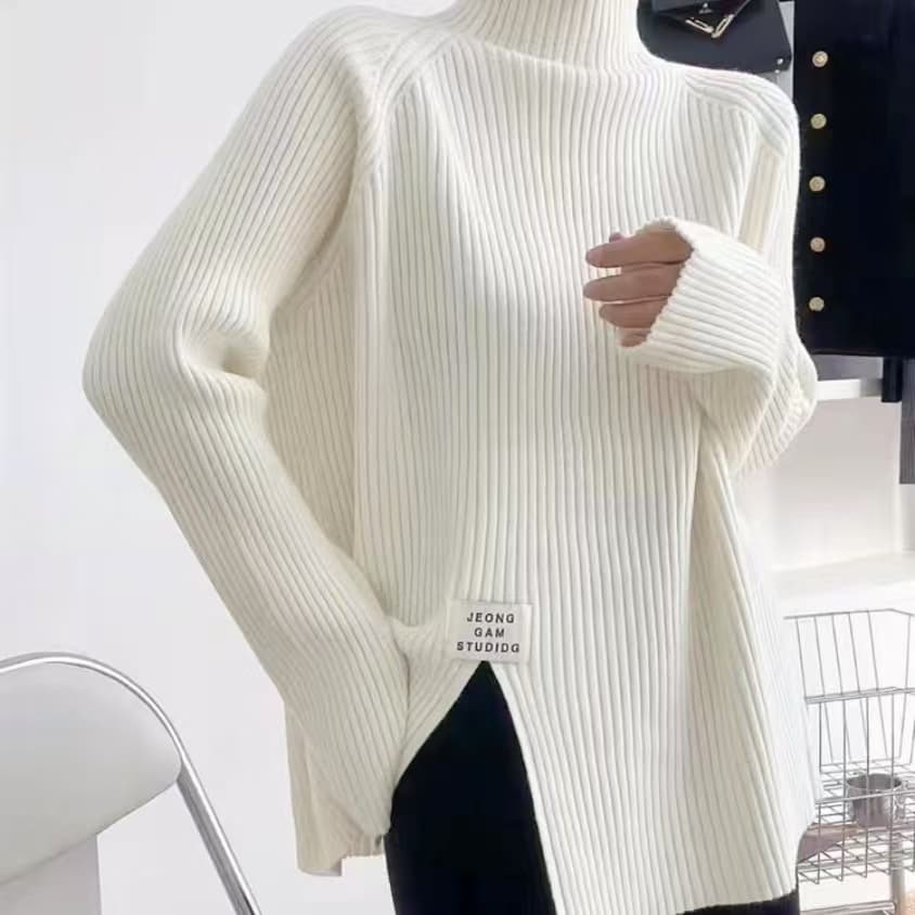 검정색 터틀넥 부드러운 찹쌀 바람 스웨터 여자 가을 겨울 두꺼운 고유 한 맨위 슈퍼 잘 생긴 디자인 센스 트임 니트 스웨터 상세 이미지 7