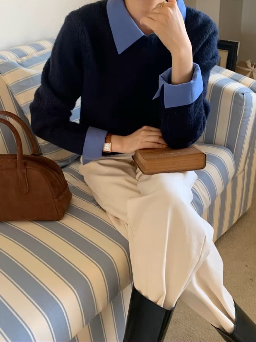 셔츠 칼라 페이크 레이어드 스웨터 여자 가을 겨울 루즈핏 고급 센스 인사이드 가져 가라. 만나는 봄 가을 작은 키 니트 스웨터 상세 이미지 2