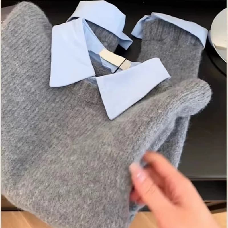 셔츠 칼라 페이크 레이어드 스웨터 여자 가을 겨울 루즈핏 고급 센스 인사이드 가져 가라. 만나는 봄 가을 작은 키 니트 스웨터 상세 이미지 5