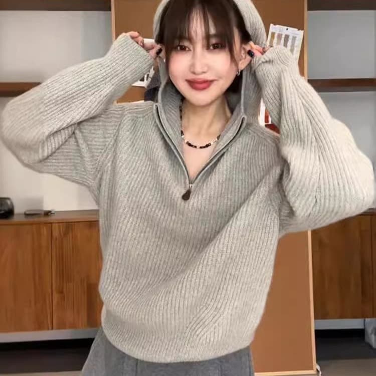 하프 지퍼 후드 긴팔 니트 스웨터 여자 2025 새로운 겨울 루즈핏 중간 길이 캐주얼 인사이드 잡아라. 의류