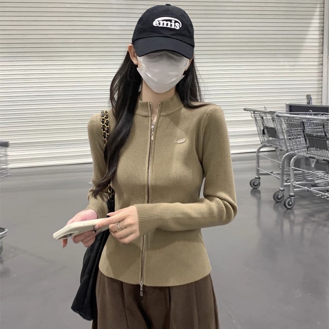 봄 드레스 2026 새로운 더블 지퍼 스웨터 여성 코트 오픈 가디건 스탠드 칼라 긴팔 몸매 가꾸기 니트 맨위 인사이드 가져 가라. 만나는