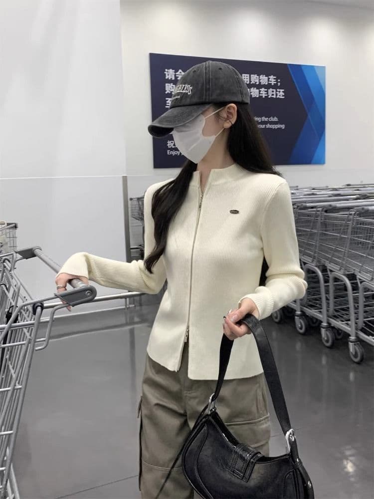 봄 드레스 2026 새로운 더블 지퍼 스웨터 여성 코트 오픈 가디건 스탠드 칼라 긴팔 몸매 가꾸기 니트 맨위 인사이드 가져 가라. 만나는 상세 이미지 7