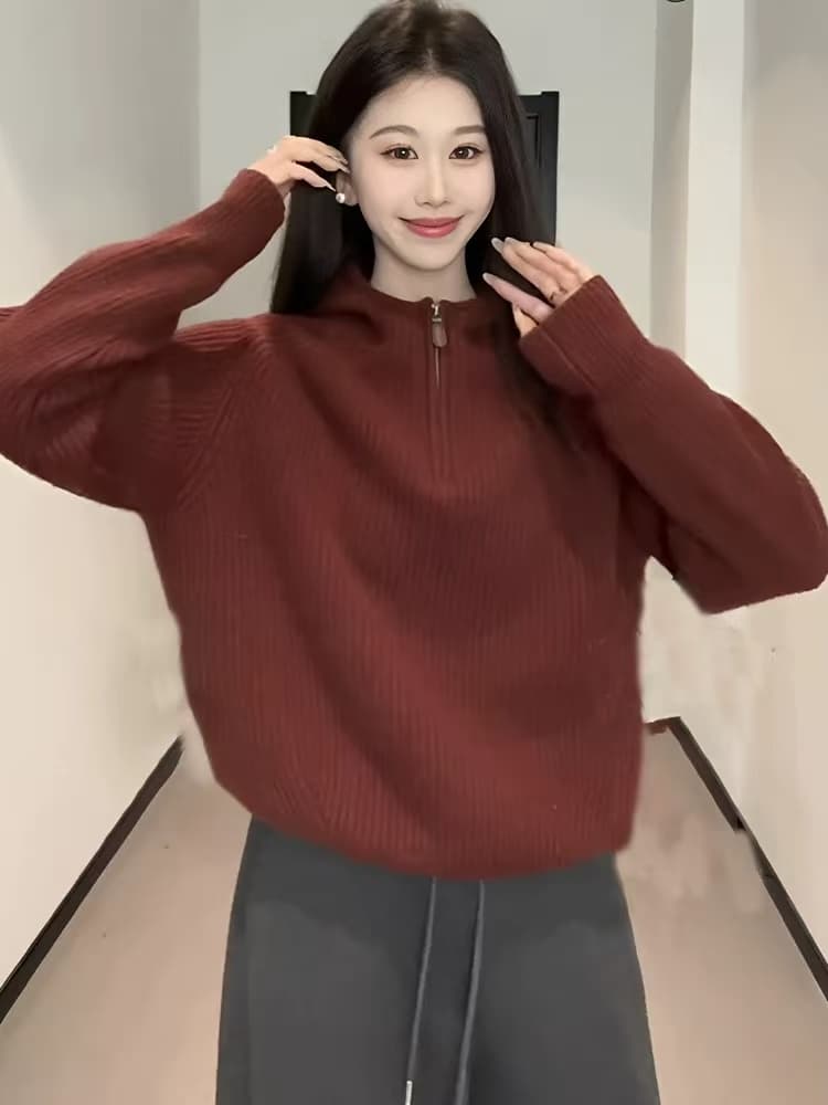 하프 지퍼 후드 긴팔 니트 스웨터 여자 2025 새로운 겨울 루즈핏 중간 길이 캐주얼 인사이드 잡아라. 의류 상세 이미지 1