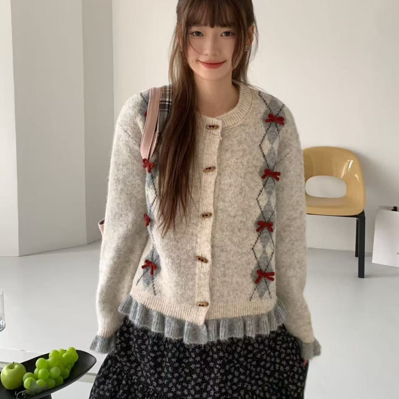 한 부서 레트로 나비 매듭 링 그리드 레이스 싱글 줄 버튼 다용도 라운드 넥 스웨터 오픈 가디건 여성 가을 겨울 외출용 상세 이미지 4