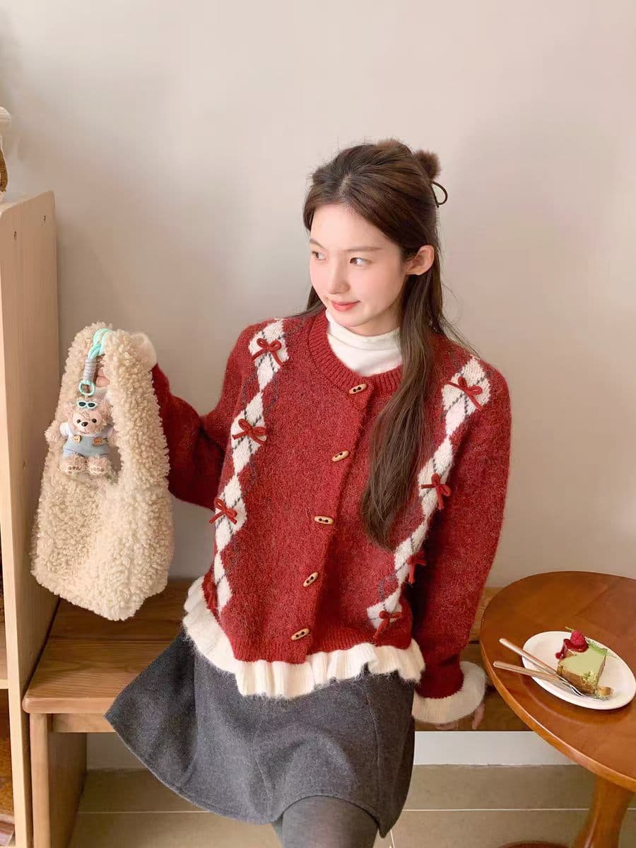 한 부서 레트로 나비 매듭 링 그리드 레이스 싱글 줄 버튼 다용도 라운드 넥 스웨터 오픈 가디건 여성 가을 겨울 외출용 상세 이미지 5