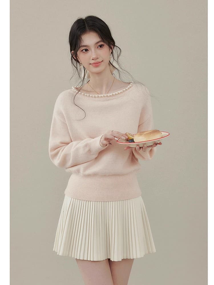 Ouyang 안녕하세요. 달콤한 숙련 된 브라운 니켈 가을 겨울철 핑크색 진주 칼라 라운드 넥 니트 스웨터 여성 2026 새로운 맨위 상세 이미지 2