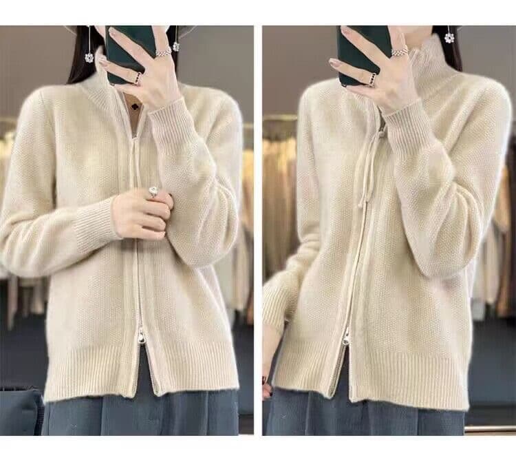 신제품 가을 겨울 하이넥 오픈 가디건 더블 지퍼 긴팔 여성 루즈핏 느긋한 카디건 단색 니트 재킷 상세 이미지 6