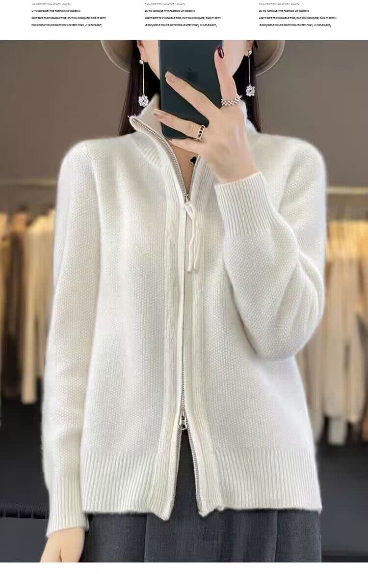 신제품 가을 겨울 하이넥 오픈 가디건 더블 지퍼 긴팔 여성 루즈핏 느긋한 카디건 단색 니트 재킷 상세 이미지 11