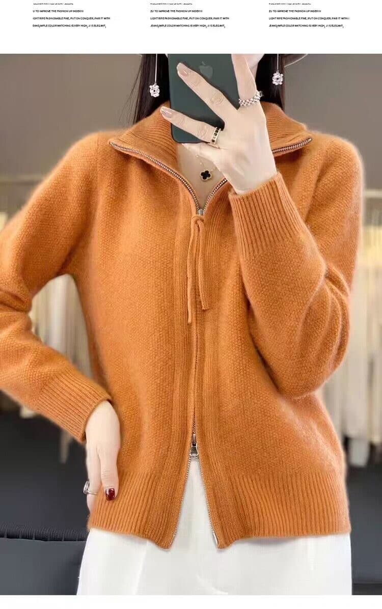 신제품 가을 겨울 하이넥 오픈 가디건 더블 지퍼 긴팔 여성 루즈핏 느긋한 카디건 단색 니트 재킷 상세 이미지 16