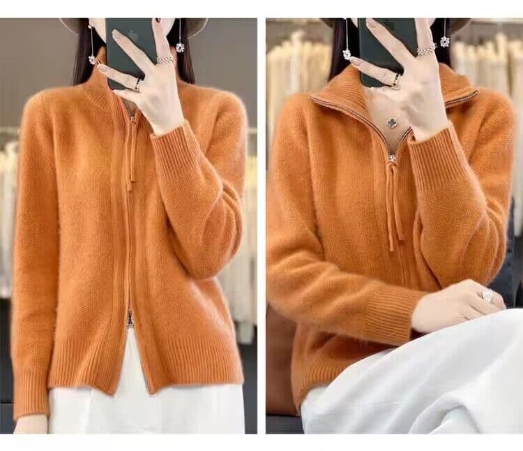 신제품 가을 겨울 하이넥 오픈 가디건 더블 지퍼 긴팔 여성 루즈핏 느긋한 카디건 단색 니트 재킷 상세 이미지 17