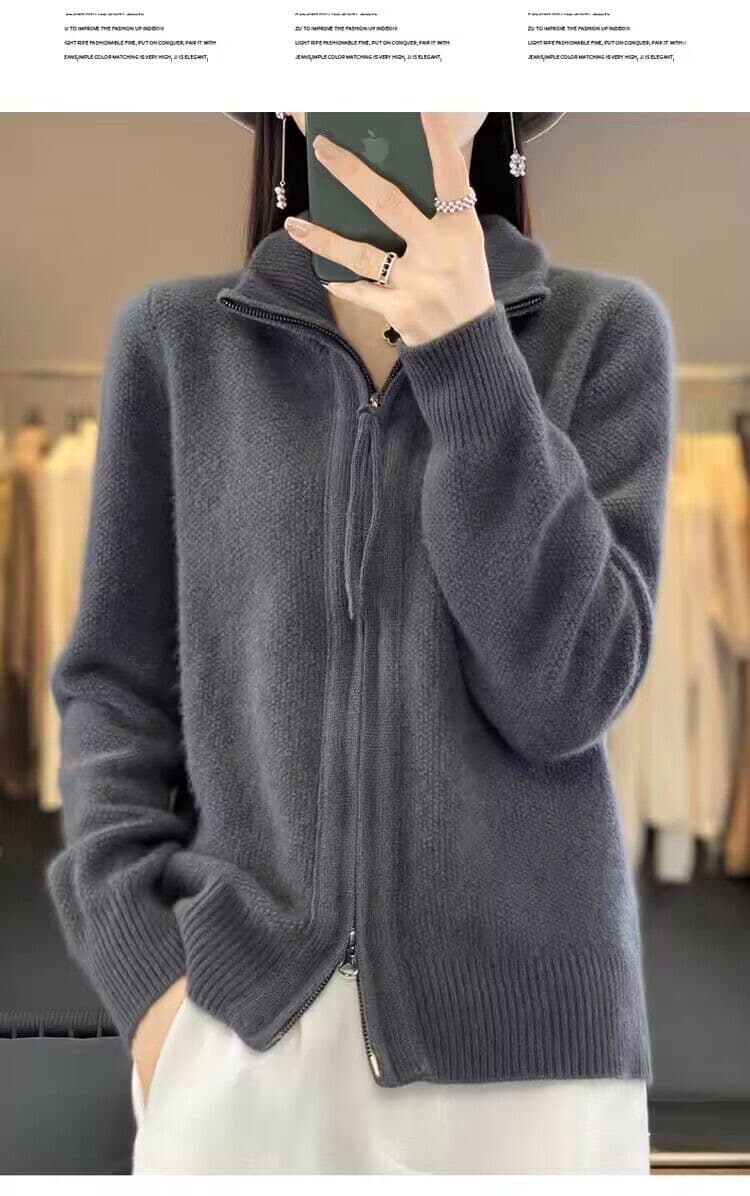신제품 가을 겨울 하이넥 오픈 가디건 더블 지퍼 긴팔 여성 루즈핏 느긋한 카디건 단색 니트 재킷 상세 이미지 19