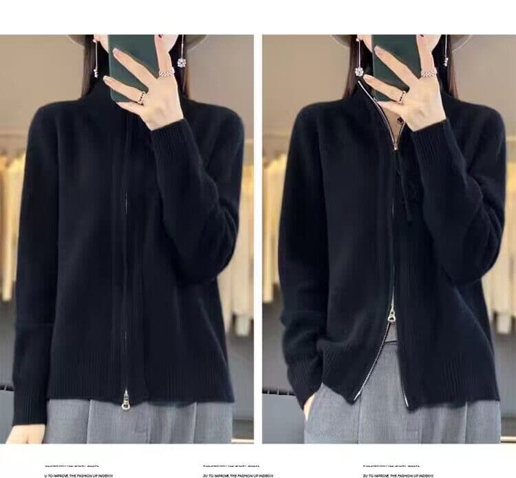 신제품 가을 겨울 하이넥 오픈 가디건 더블 지퍼 긴팔 여성 루즈핏 느긋한 카디건 단색 니트 재킷 상세 이미지 23