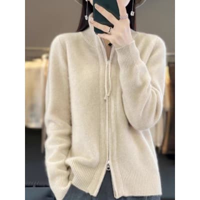 신제품 가을 겨울 하이넥 오픈 가디건 더블 지퍼 긴팔 여성 루즈핏 느긋한 카디건 단색 니트 재킷 상세 이미지 25