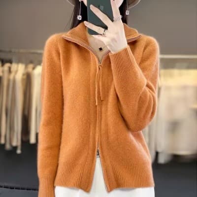 신제품 가을 겨울 하이넥 오픈 가디건 더블 지퍼 긴팔 여성 루즈핏 느긋한 카디건 단색 니트 재킷 상세 이미지 26