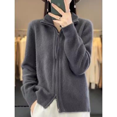 신제품 가을 겨울 하이넥 오픈 가디건 더블 지퍼 긴팔 여성 루즈핏 느긋한 카디건 단색 니트 재킷 상세 이미지 27