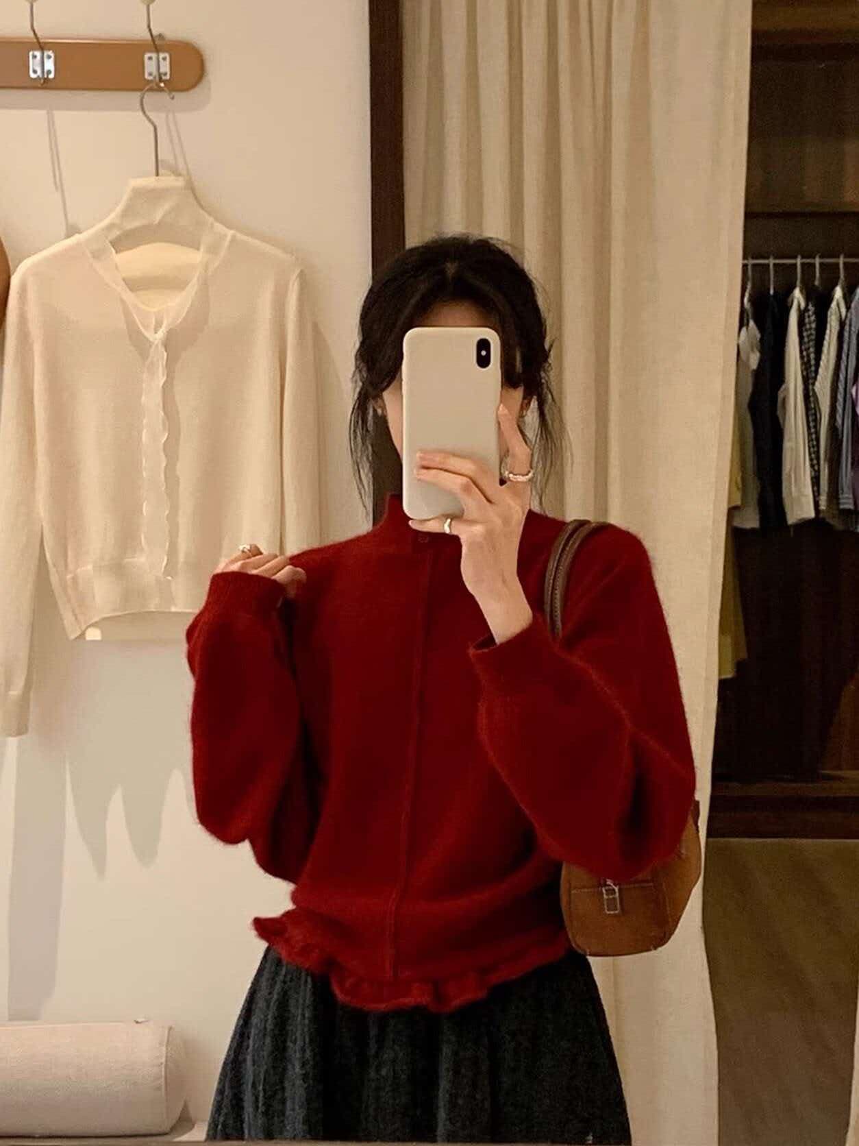 폴로 칼라 긴팔 데님 패치워크 더블 지퍼 니트 오픈 가디건 여성 가을 겨울 새로운 느긋한 바람 다용도 페이크 레이어드 스웨터 이미지 3