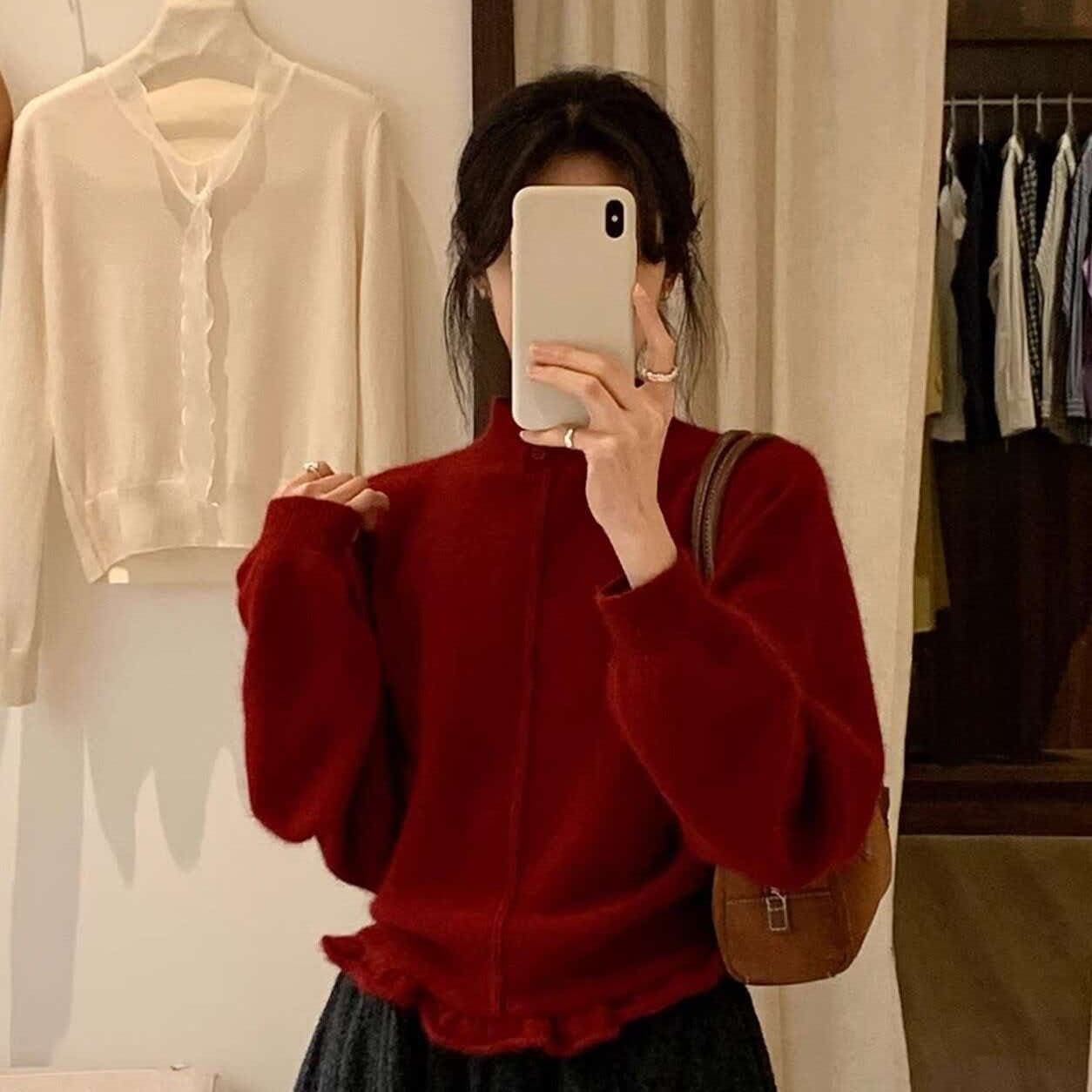 폴로 칼라 긴팔 데님 패치워크 더블 지퍼 니트 오픈 가디건 여성 가을 겨울 새로운 느긋한 바람 다용도 페이크 레이어드 스웨터 이미지 5