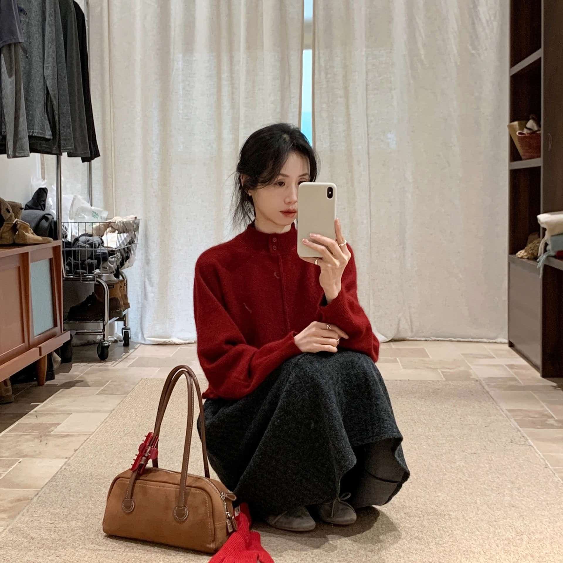 폴로 칼라 긴팔 데님 패치워크 더블 지퍼 니트 오픈 가디건 여성 가을 겨울 새로운 느긋한 바람 다용도 페이크 레이어드 스웨터 상세 이미지 5
