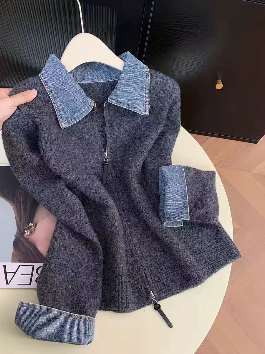폴로 칼라 긴팔 데님 패치워크 더블 지퍼 니트 오픈 가디건 여성 가을 겨울 새로운 느긋한 바람 다용도 페이크 레이어드 스웨터 상세 이미지 6