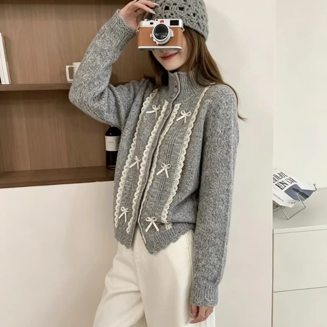 한 부서 부드러운 스탠드 칼라 니트 오픈 가디건 여성 가을 겨울 레이스 나비 매듭 레이스 부드러운 찹쌀 스웨터 슬림해 보이는 외부 잡아라. 의류 이미지 2