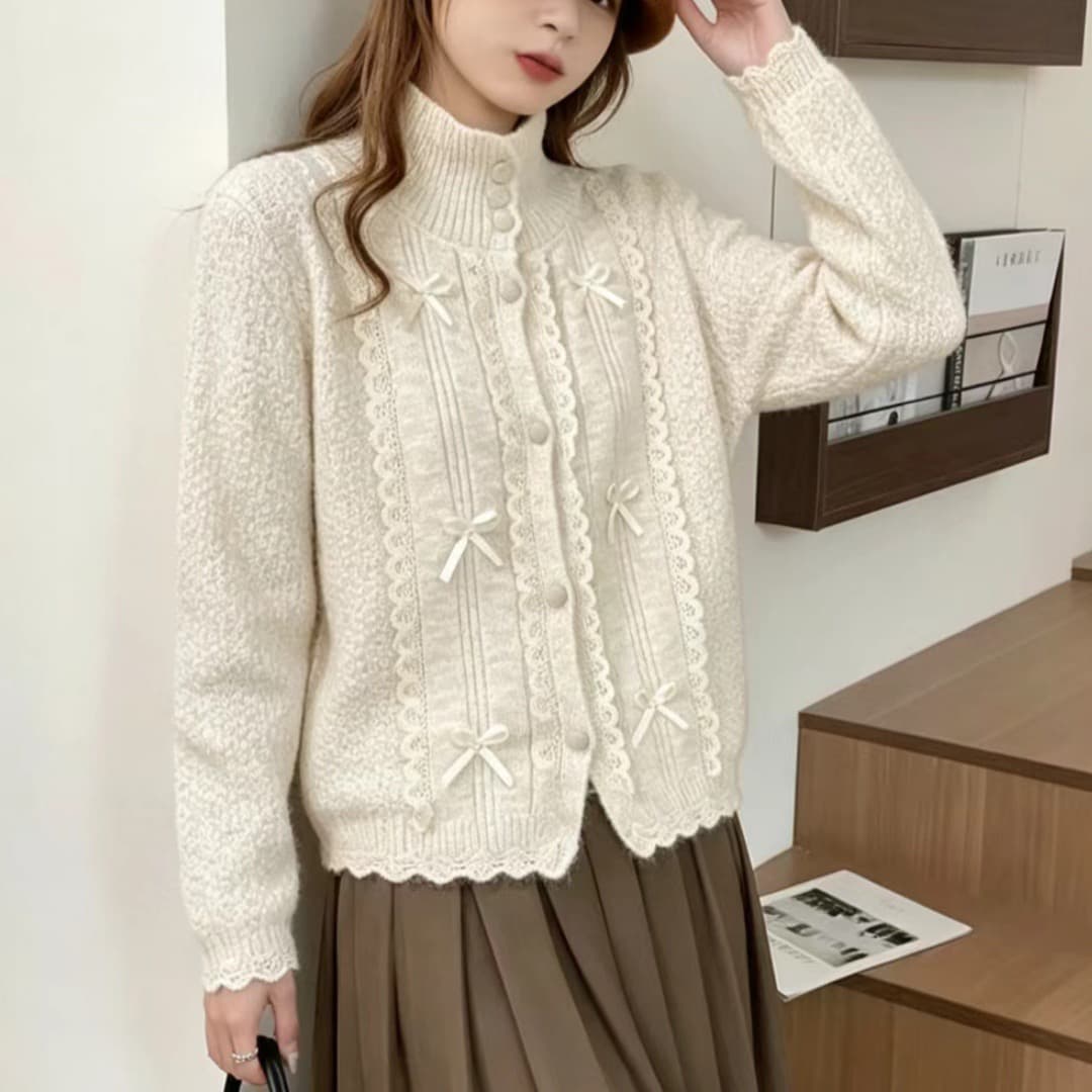 한 부서 부드러운 스탠드 칼라 니트 오픈 가디건 여성 가을 겨울 레이스 나비 매듭 레이스 부드러운 찹쌀 스웨터 슬림해 보이는 외부 잡아라. 의류 이미지 4