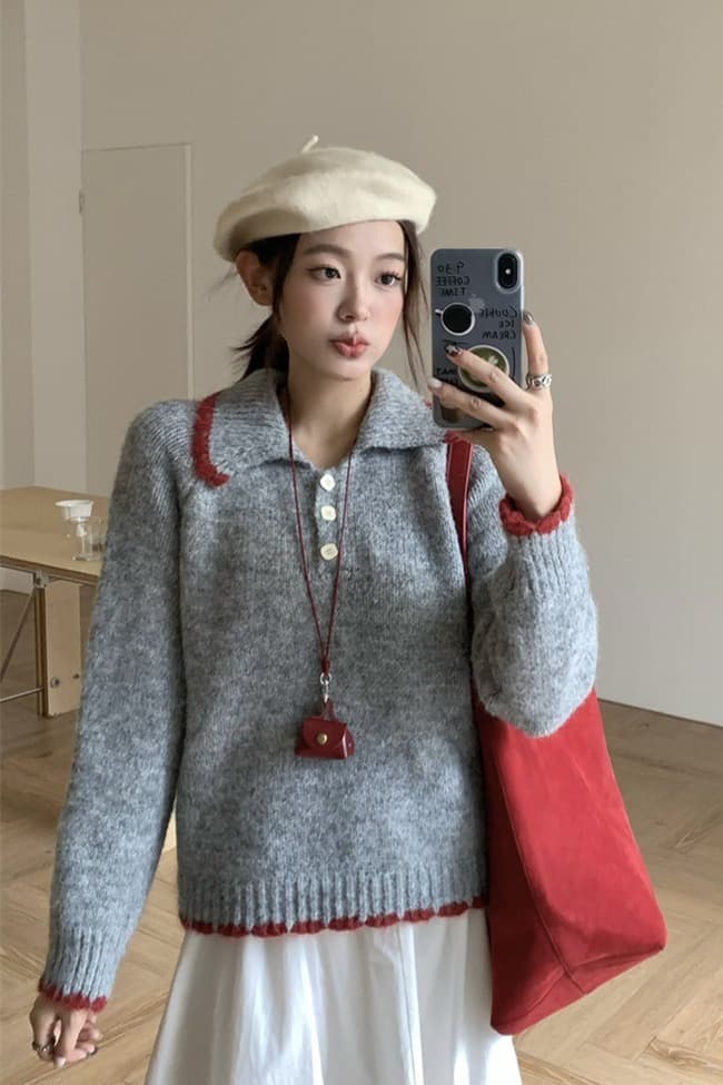 한 부서 패션 패치워크 색상 폴로 칼라 세 버클 풀오버 스웨터 여자 가을 겨울철 새로운 니트 스웨터 맨위
