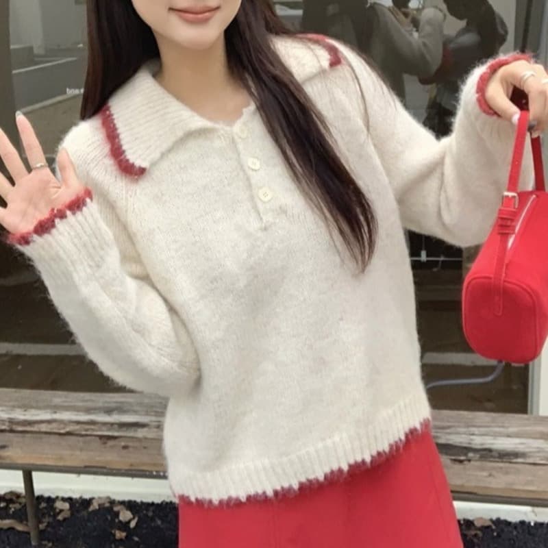 한 부서 패션 패치워크 색상 폴로 칼라 세 버클 풀오버 스웨터 여자 가을 겨울철 새로운 니트 스웨터 맨위 상세 이미지 3