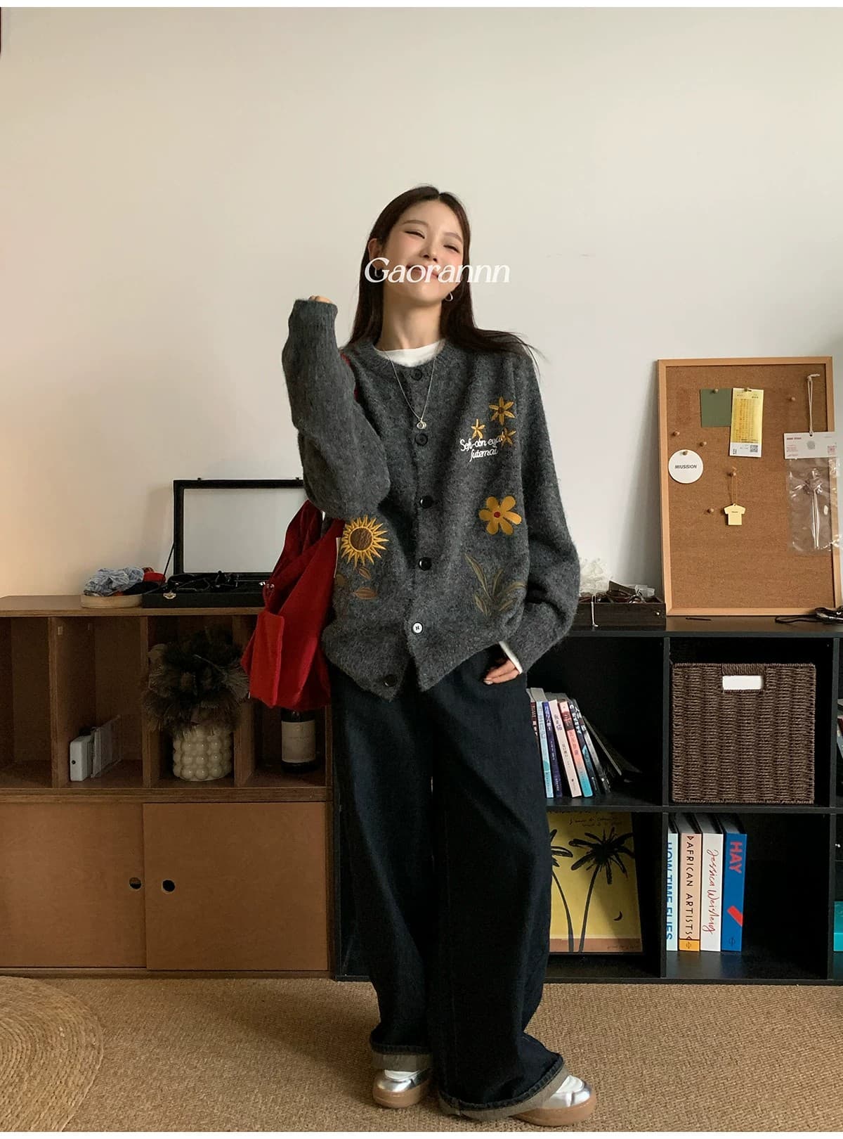 부드러운 찹쌀 꽃무늬 자수 오픈 가디건 스웨터 여성 코트 가을 겨울 느긋한 바람 느슨함 센스 니트 스웨터 맨위 상세 이미지 2