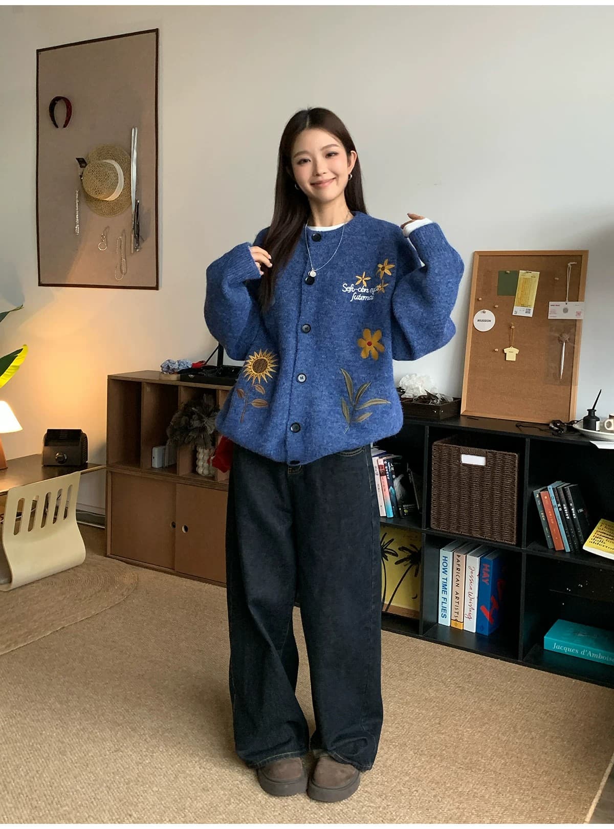부드러운 찹쌀 꽃무늬 자수 오픈 가디건 스웨터 여성 코트 가을 겨울 느긋한 바람 느슨함 센스 니트 스웨터 맨위 상세 이미지 3