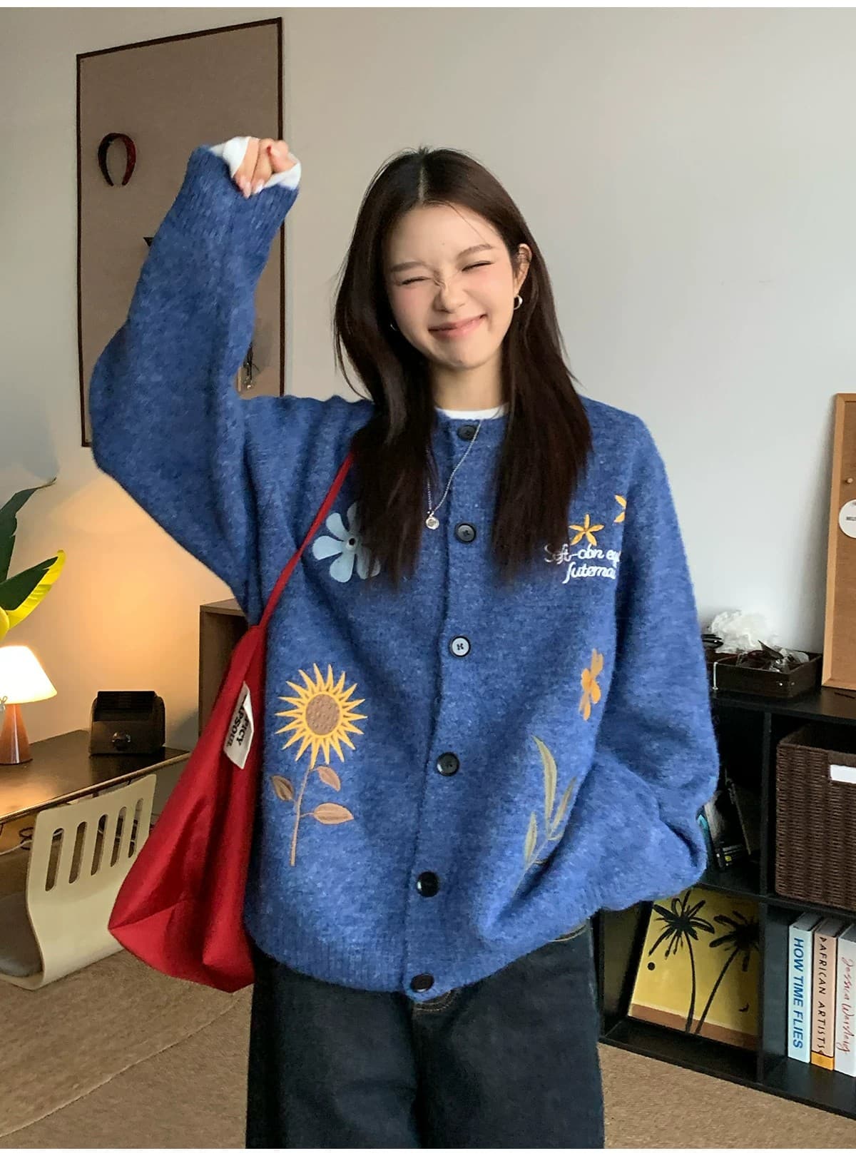 부드러운 찹쌀 꽃무늬 자수 오픈 가디건 스웨터 여성 코트 가을 겨울 느긋한 바람 느슨함 센스 니트 스웨터 맨위 상세 이미지 5
