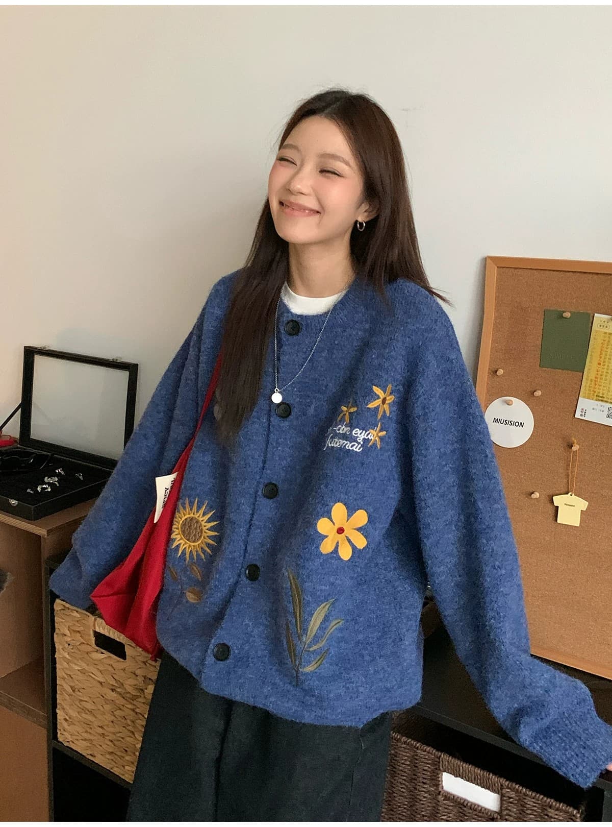 부드러운 찹쌀 꽃무늬 자수 오픈 가디건 스웨터 여성 코트 가을 겨울 느긋한 바람 느슨함 센스 니트 스웨터 맨위 상세 이미지 9