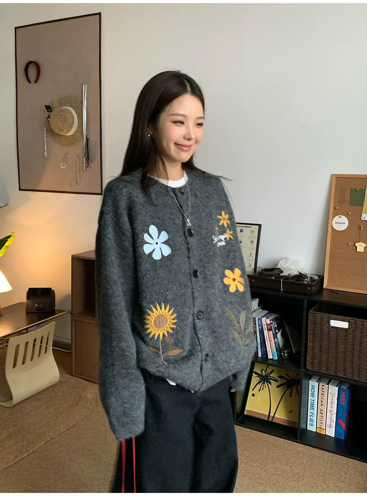 부드러운 찹쌀 꽃무늬 자수 오픈 가디건 스웨터 여성 코트 가을 겨울 느긋한 바람 느슨함 센스 니트 스웨터 맨위 상세 이미지 10