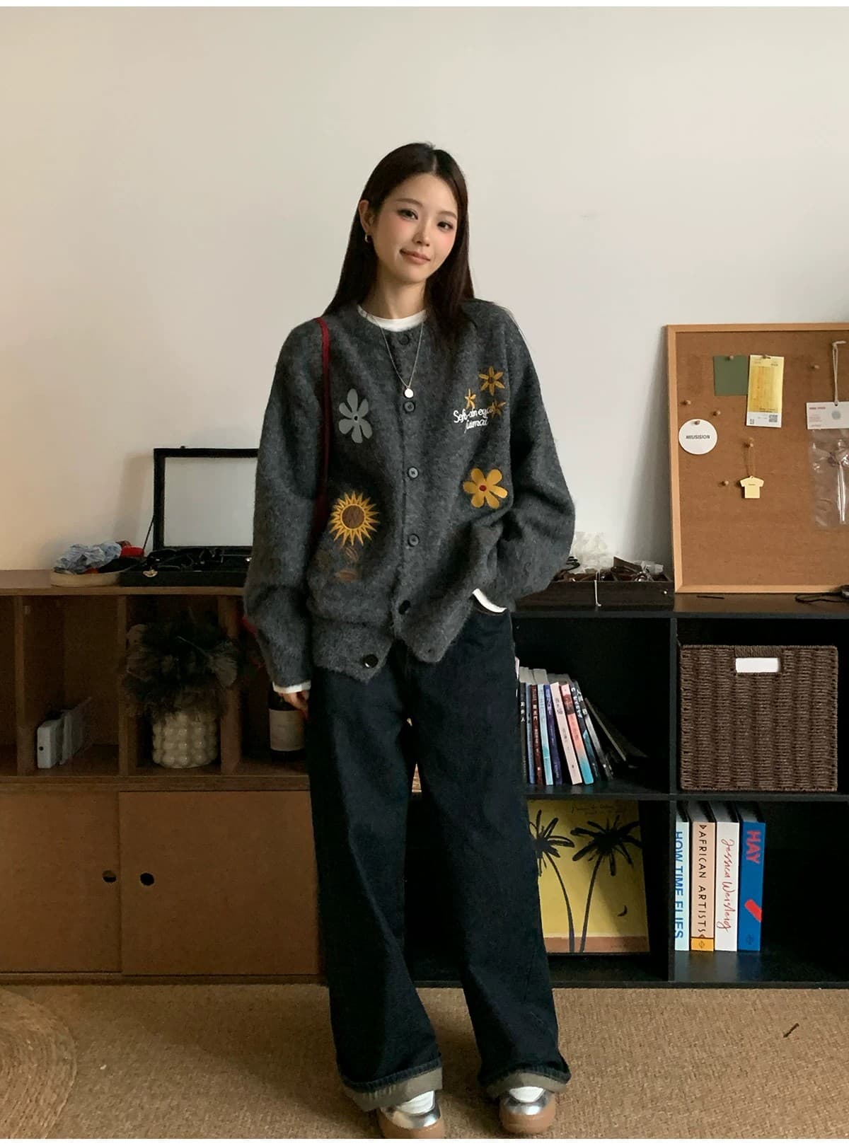 부드러운 찹쌀 꽃무늬 자수 오픈 가디건 스웨터 여성 코트 가을 겨울 느긋한 바람 느슨함 센스 니트 스웨터 맨위 상세 이미지 11