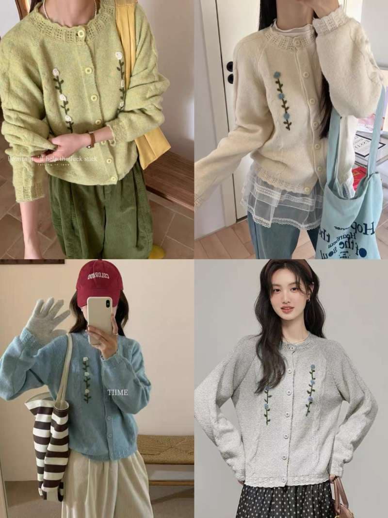 라운드 넥 단추 꽃 자수 오픈 가디건 스웨터 여성 코트 가을 겨울철 보온 다용도 니트 스웨터 맨위 이미지 2