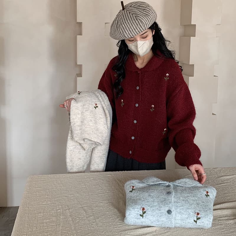 부드러운 바람 한 부서 달콤함 레트로 자수 양모 니트 부드러운 찹쌀 카디건 코트 상세 이미지 4